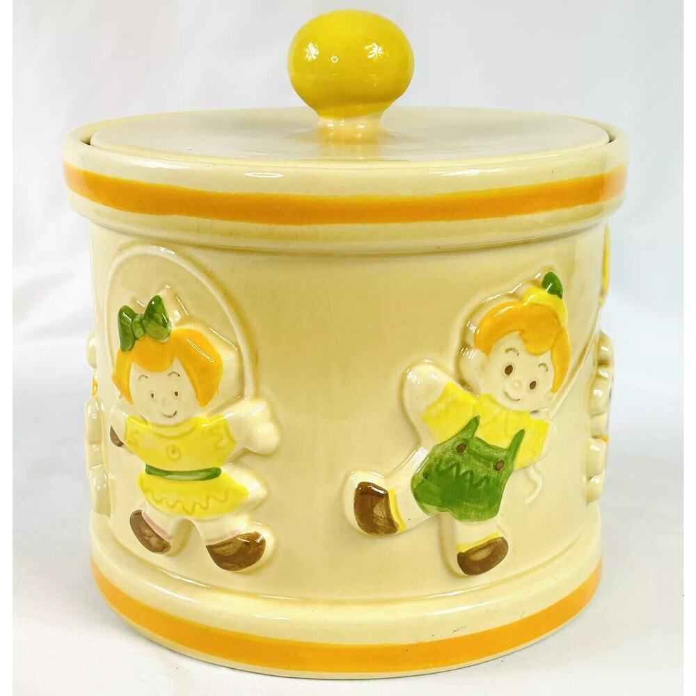 Vtg Metlox Poppytrail Drum Cookie Jar Canister w/ Lid Children Kids Playing